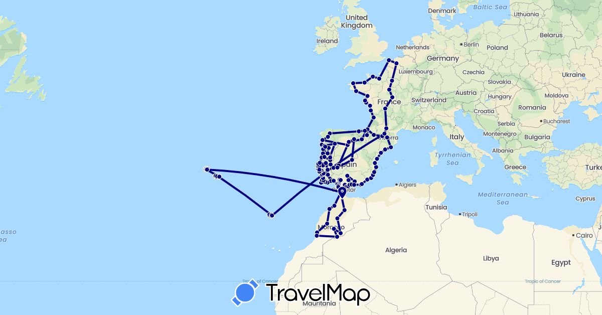 TravelMap itinerary: driving in Andorra, Spain, France, Gibraltar, Morocco, Portugal (Africa, Europe)